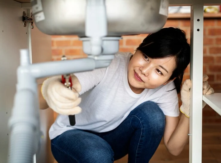 Asiatisk kvinne reparerer kjøkkenvask